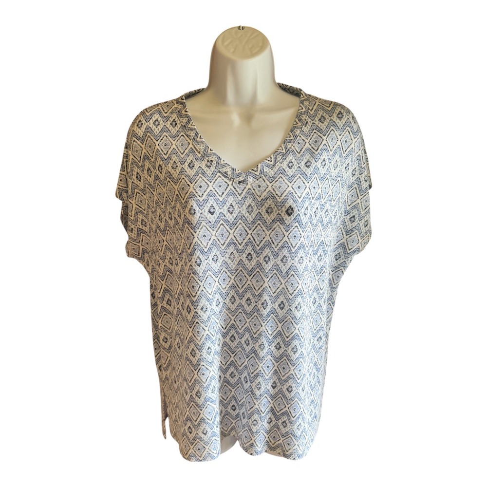 Orvis Classic Collection Womens Blue White Geometric Diamond Ikat V-Neck Top‎ M